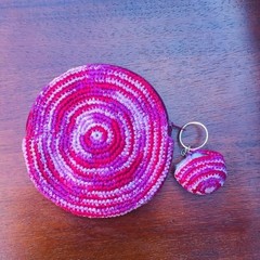 Handmade Pink Crochet Spiral Coin Purse Boho Zipper Pouch with Mini Charm Charm