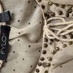 Vintage Y2K cream polka dot boho blouse black studs sequins and beading size 2xl