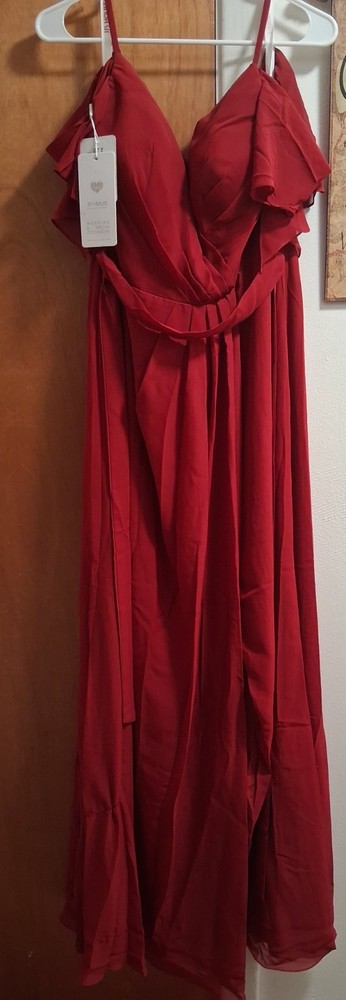 JJ’s House Burgundy V-Neck Ruffle Strap Long Ball Gown Dress Womens 14