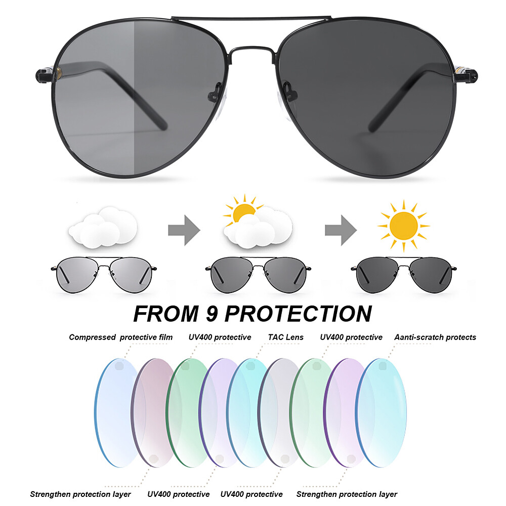 Photochromic Polarized Aviator Sunglasses Premium Frame Unique Design Glasses US