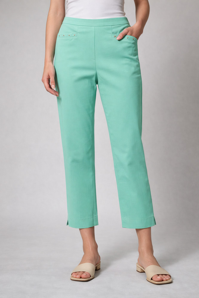 Counterparts Womens pull on stretch L front pockets gold rivet ankle length Pant