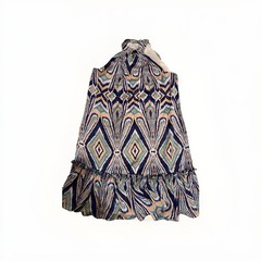 Trina Turk Blue Geometric Shift Dress Halter Neck Sleeveless Ruffle Short M