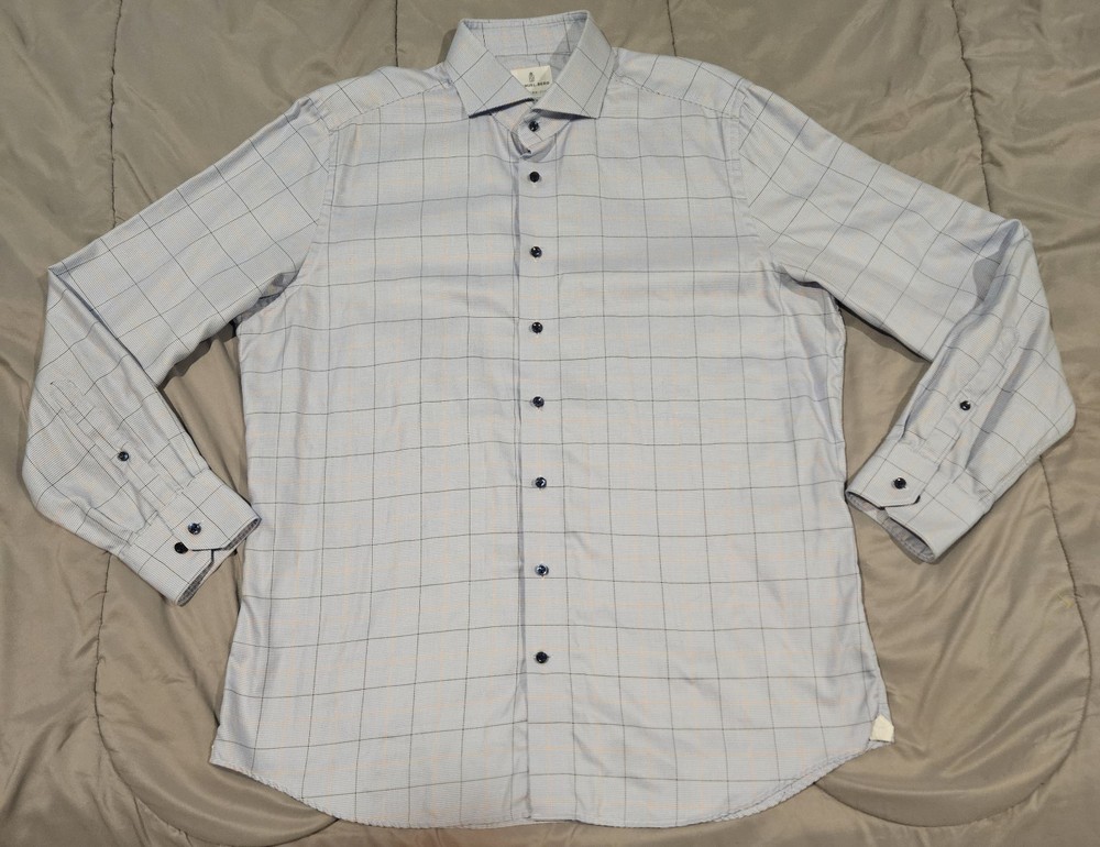 Emanuel Berg Shirt Mens XL 17.5 Blue Orange Plaid Windowpane Modern Fit Luxury