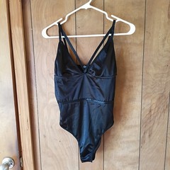 SHEIN Black Satin-Look Bodysuit Women’s Size L Strappy V-Neck Polyester 1 PC