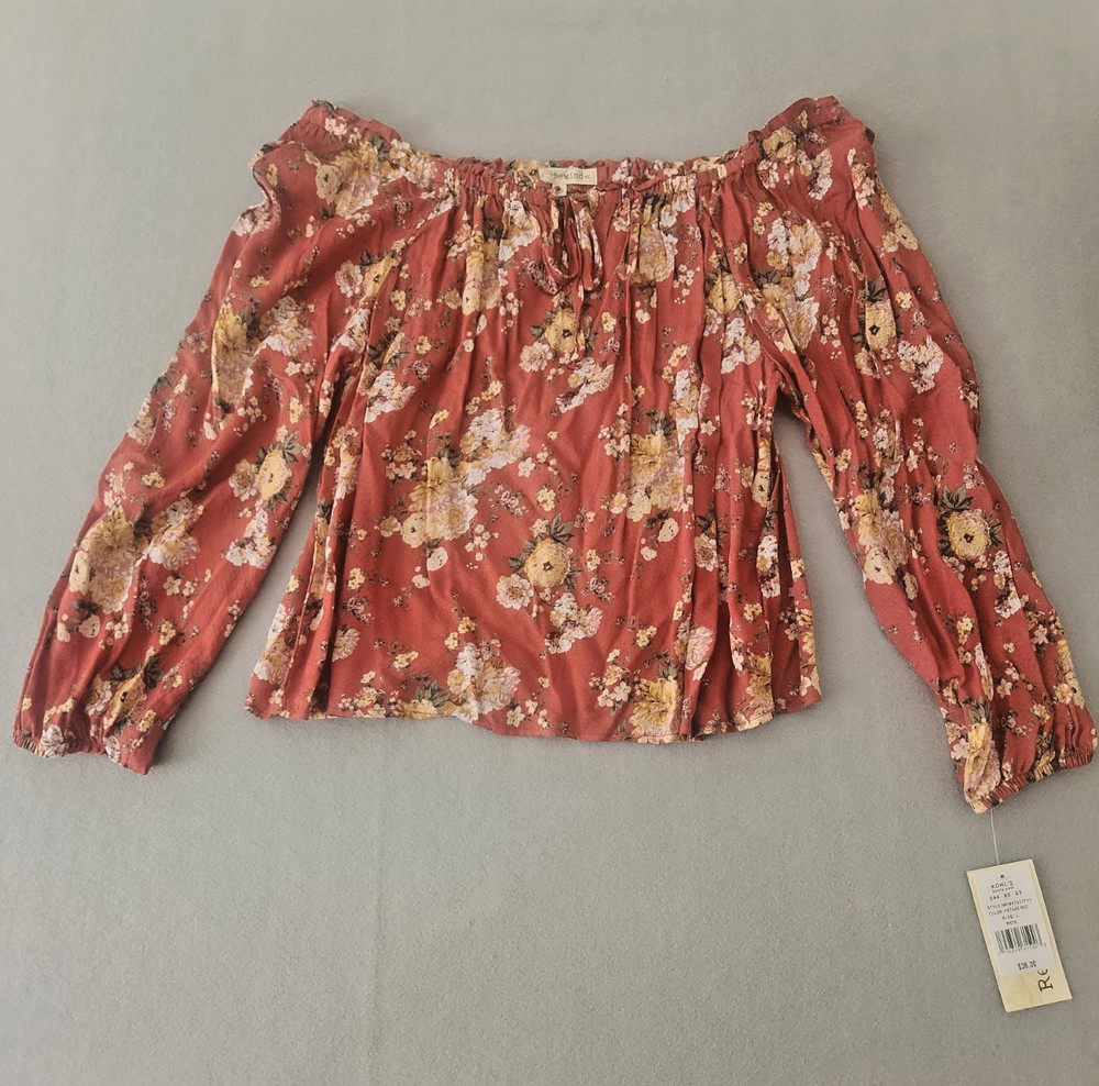 Rewind Large Blouse Rust Floral Off Shoulder Peasant Boho Blouse Long Sleeve NWT