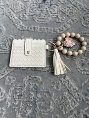 Faux Leather ID Card Holder Keychain, Woven Beaded Tassel Keyring White/Beige