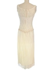 Y2K 90s Lace Midi Dress Sheer Pleated Pearl Beaded Fringe Cottagecore Bridal