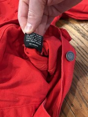 Copper Rivet Denim Jacket Mens Large L Red Distressed Ripped Jean Trucker Coat