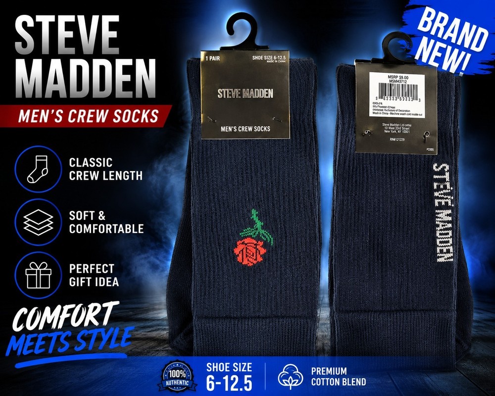 Steve Madden Men’s Solid Crew Socks Black Size 6-12.5 Comfortable 1 Pair – Rose