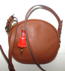 J. Crew Signet Round Crossbody Bag Brown Leather Red Accents Purse Lock & Key