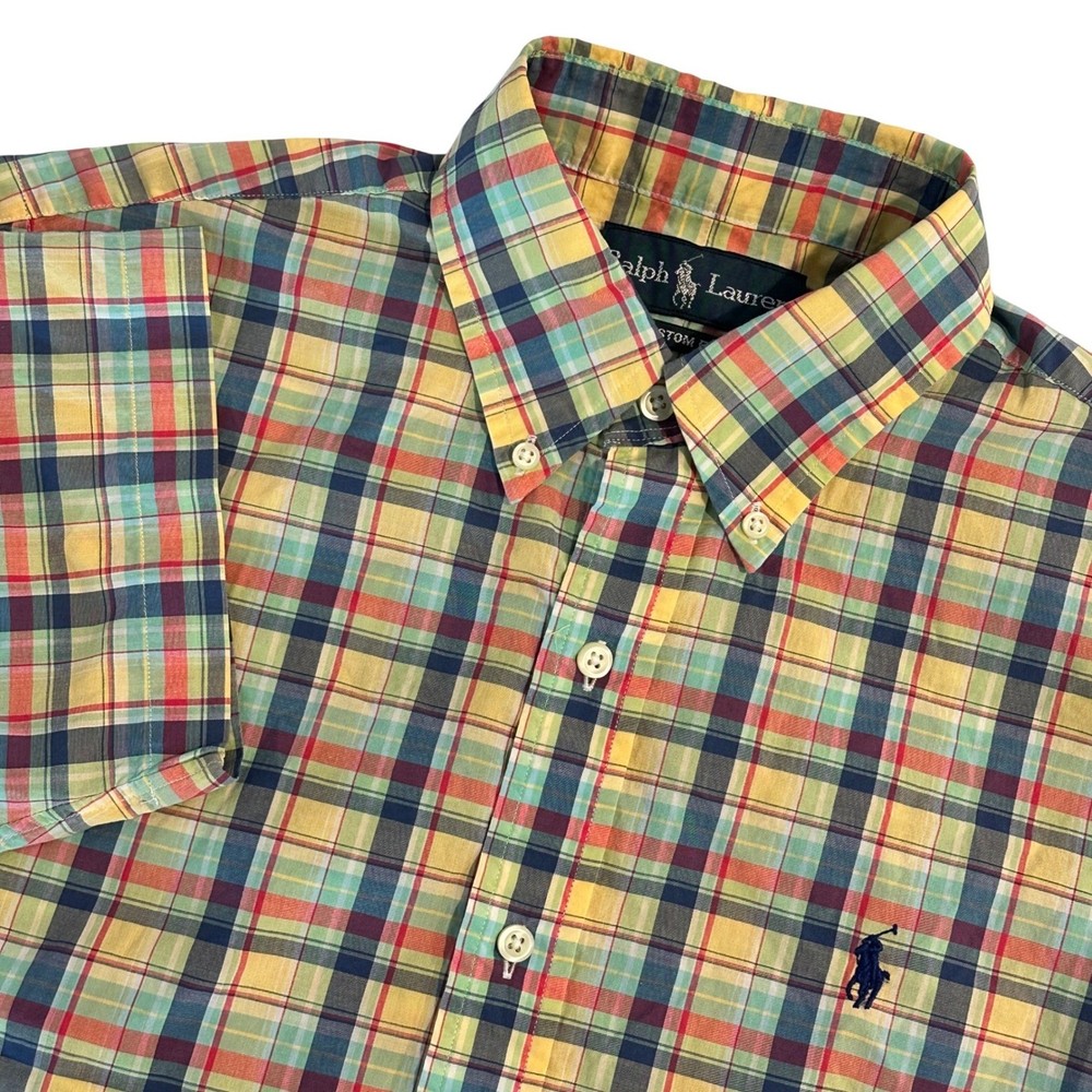 Ralph Lauren Men’s Small Short Sleeve Plaid Button Down Shirt Custom Fit Yellow