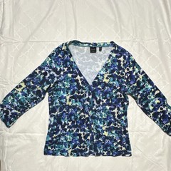 Rafaella Blue Floral Cotton Button-Up Blouse 3/4 Sleeve V-Neck Women Size M