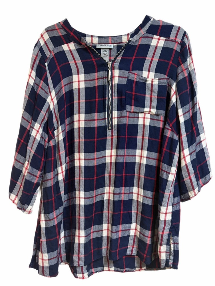Catherines Plus Size 0X Plaid Tunic Top Zip Front 3/4 Roll Tab Sleeve Navy Red