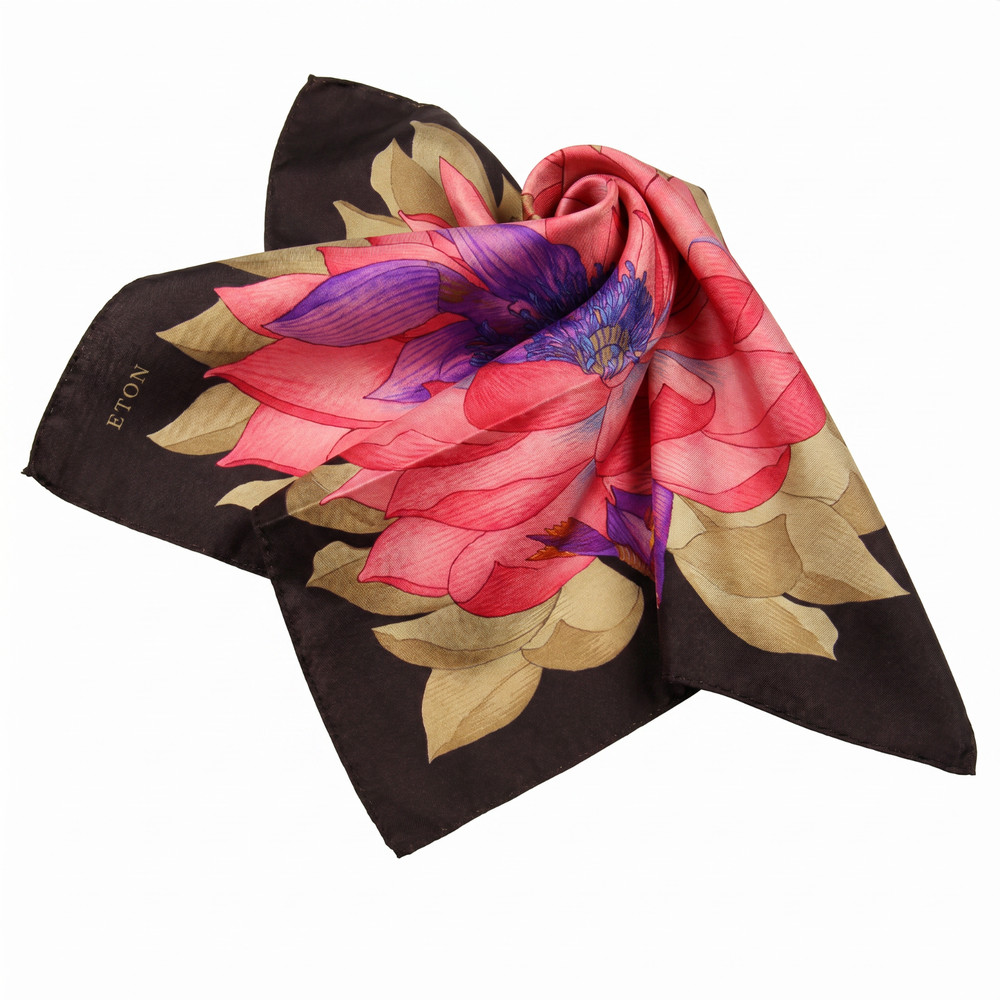 NWT Eton Satin Black Pink Purple Floral Print Silk Pocket Square Italy 13″