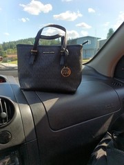 Michael Kors Women’s Black Logo Tote, Gold Hardware, MK Charm, Zip Closure