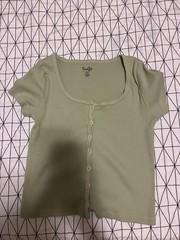 Brandy Melville John Galt Button Front Short Sleeve Cropped Shirt One Size Green