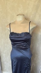 Windsor Blue Satin Cowl Neck Lace Trim Long Gown Side Slit Adj Straps S