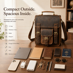 11″ Buffalo Leather Sling Bag Mens Dark Brown For iPad, Tablet Crossbody Strap