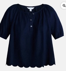 New Time and Tru Blue Linen Blend Scalloped Hem Blouse – Size XL (16-18)