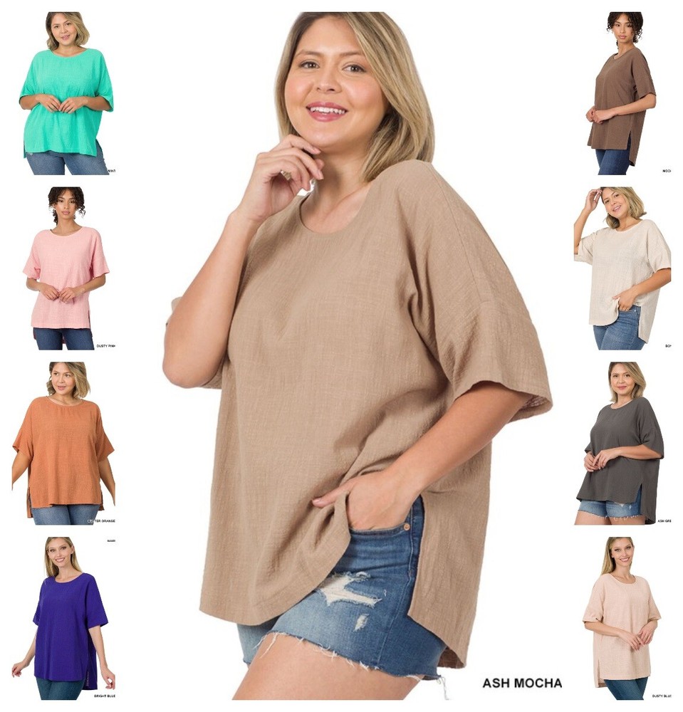Womens Crinkled Gauze Cotton Short Elbow Sleeve Hi Low Loose Fit Top S-3X