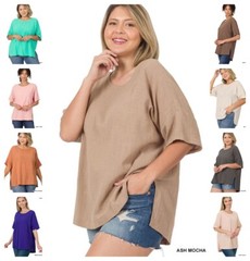 Womens Crinkled Gauze Cotton Short Elbow Sleeve Hi Low Loose Fit Top S-3X