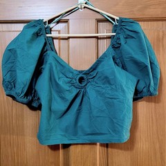 Sim & Sam Women’s XL Green Puff Sleeve Smocked Crop Top Boho Festival Cotton
