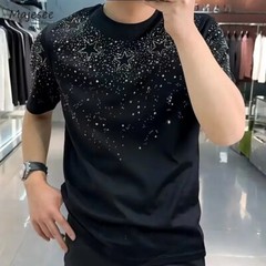 New Men Luxury Diamond Star Rhinestones Fashion Black White T-Shirt High Quality