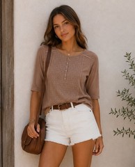 Karen Scott 3/4 Sleeve Henley Top With Crochet Accent Brown Size Large