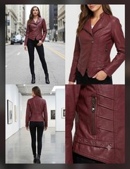 Santelon Women’s Burgundy Zip-Front Lined Biker Jacket w/ Pockets Size XL