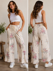 Easel Floral Print Washed Waffle Knit Pants Wide Leg Boho Tiered Natural Size L