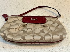 COACH Signature Logo Sateen Pleated Large Wristlet – Khaki / Garnet Red – NICE!