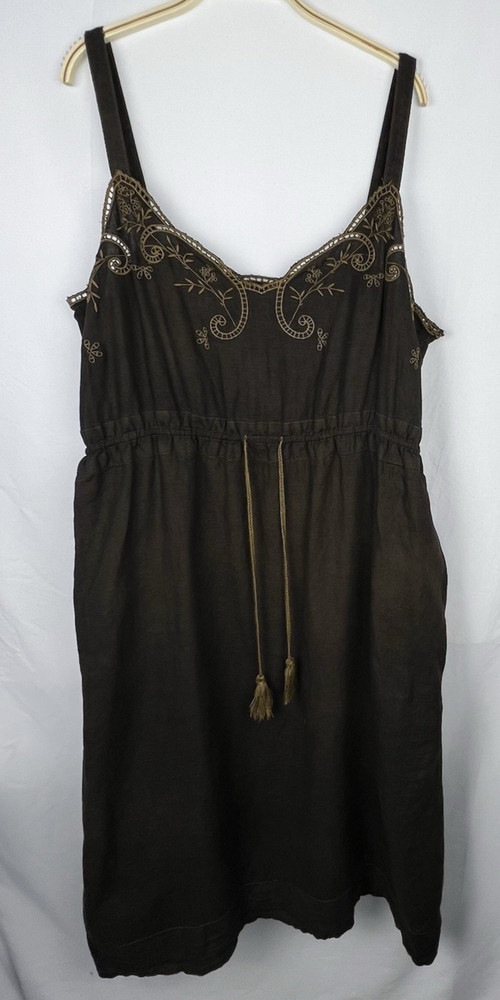 J.CREW Brown 100% Linen Embroidered Slip Dress Women 16 Boho Peasant Pockets