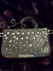 Harley Davidson Black Leather Studded Crossbody Bag Clutch Wallet Silver Logo