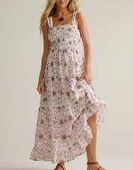 Women’s Ivory/Pink Floral Smocked Square Neck Strappy Sleeveless Maxi Dress