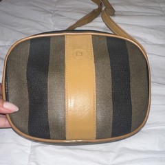 Fendi Women’s Striped Zip Shoulder Bag Canvas Leather Tan Brown Black