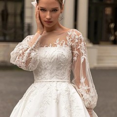 White Satin Wedding Dresses Long Lace Puff Sleeve A-Line Bridal Gown With Train
