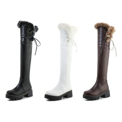 Winter Women’s Lace Up Furry Over The Knee High Long Boots Zip Mid Heel Shoes