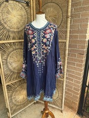 Johnny Was Womans 3X Tunic Blouse Embroidered Boho Floral Peasant Festival Blue