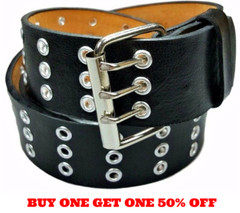 Men’s Women’s Leather Three Row Silver Grommet Holes Black Belt S / M / L / XL