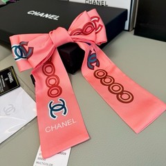 CHANEL Pink Multicolor Silk Logo Ribbon Bow Hair Accessory Designer Theme
