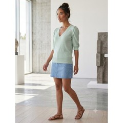 White House Black Market Mint Green V-Neck Puff Sleeve Knit Top Womens Large