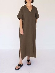 100% Cotton Gauze Sleep Dress Women Loose V Neck Loungewear Home Nightgown Beige