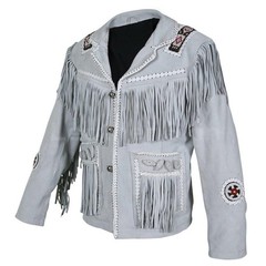 Men’s Grey Suede Leather Cowboy Jacket Western Fringe Beaded Native American