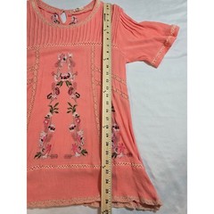 POL Women Coral Pink Embroidered Boho Blouse Crochet Lace Pintuck Short Sleeve S