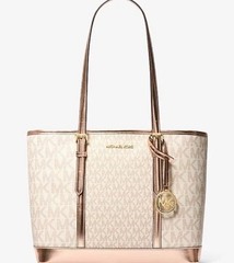 Michael Kors Jet Set Small Metallic Logo Top-Zip Tote Beige Rose Gold Charm