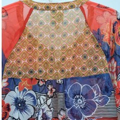 Anthropologie Floral Stripe Sheer Long Balloon Sleeve Henley Tie Front Blouse