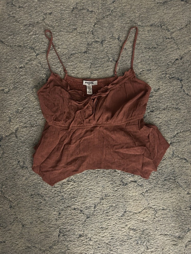 RSQ Women’s Brown Smocked Tie Crop Tank Top Spaghetti Straps Stretch Size L