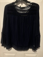 Ann Taylor Loft Blouse Women’s Navy Blue Bell Sleeve top Dressy Holiday Medium