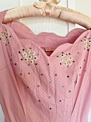 Orig 50s Pinup Dress Pink Cotton Rhinestone Swing Skirt Sun Fun California SM