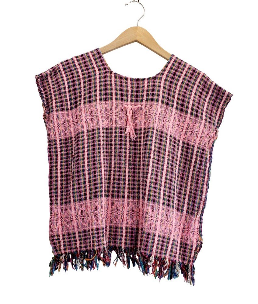 Mexican Tunic Pedal Loom Pink Multi Thread L Oaxaca Woven Fringe Tassel Ethnic